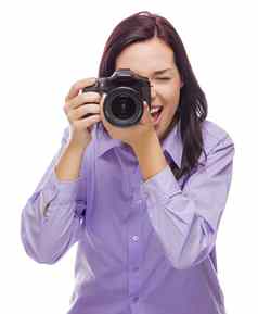 有吸引力的混合比赛年轻的女人数码单反相机相机白色