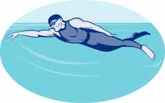 三项全能运动运动员游泳自由泳一边