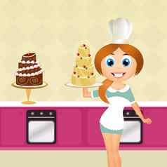 女人烹饪蛋糕