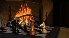 国际象棋游戏插图前面壁炉