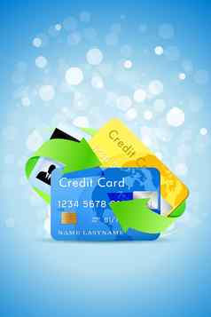 蓝色的背景信贷卡片绿色箭头