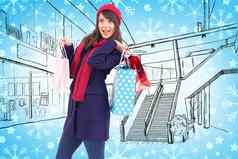 复合图像年轻的女人冬天衣服摆姿势购物袋