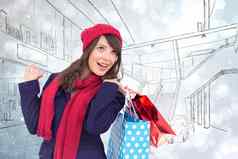 复合图像快乐浅黑肤色的女人冬天衣服持有购物袋