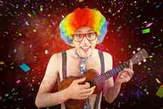 复合图像极客赶时髦的人非洲式发型彩虹假发玩吉他