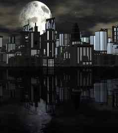 晚上未来主义的城市大月亮
