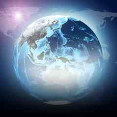 蓝色的地球全球发光大陆透明的世界地图黑暗背景