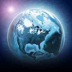 蓝色的地球全球发光大陆透明的世界地图黑暗背景