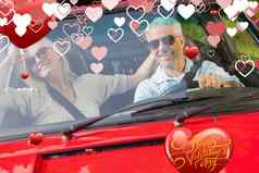 复合图像快乐成熟的夫妇红色的蓬式汽车