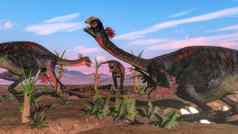 暴龙雷克斯攻击gigantoraptor恐龙鸡蛋渲染