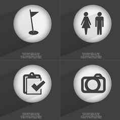 高尔夫球洞轮廓男人。女人任务完成相机图标标志集按钮平设计向量