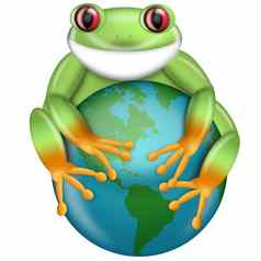红眼的绿色树青蛙拥抱地球地球