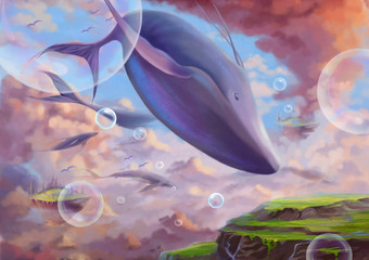 插图神奇的仙境飞行土地鲸鱼神奇的卡通风格壁纸背景场景设计故事