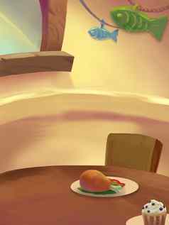 插图甜蜜的晚餐房间tabel食物鸡腿冰奶油神奇的卡通风格场景壁纸背景设计