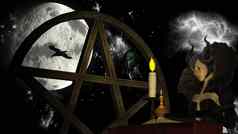女巫阅读魔法书蜡烛光月亮背景五角星形乌鸦