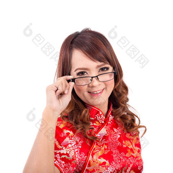 亚洲中国人女孩穿处理眼镜传统的中国人中国人一年享受快乐