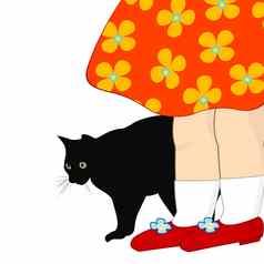 卡通女孩脚黑色的猫