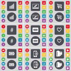 图移动PC购物车标签盒式磁带心电池智能手机负电影图标象征大集平彩色的按钮设计