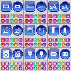 电池好字体。信贷卡标记洗机刷消息大集多色的按钮
