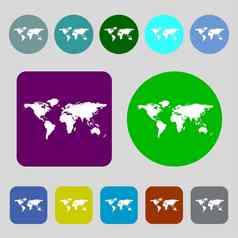全球标志图标世界地图地理位置象征彩色的按钮平设计