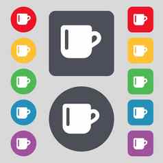 杯咖啡茶图标标志集彩色的按钮平设计