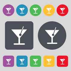 鸡尾酒图标标志集彩色的按钮平设计