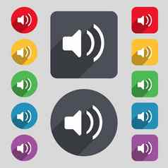 演讲者体积声音图标标志集彩色的按钮长影子平设计
