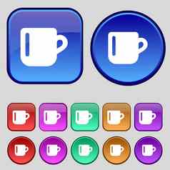 杯咖啡茶图标标志集十二个古董按钮设计
