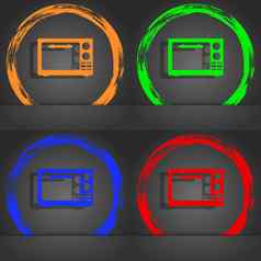 微波烤箱标志图标厨房电炉子象征时尚现代风格橙色绿色蓝色的红色的设计