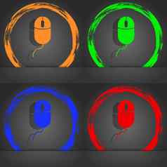 电脑鼠标标志图标光学轮象征时尚现代风格橙色绿色蓝色的红色的设计