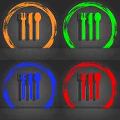 叉刀勺子图标象征时尚现代风格橙色绿色蓝色的绿色设计