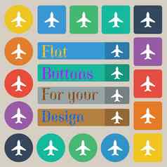 飞机飞机旅行飞行图标标志集二十彩色的平轮广场矩形按钮
