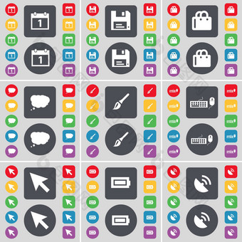 日历软盘购物袋闲谈，聊天云刷键盘光标电池卫星菜图标象征大集平彩色的按钮设计