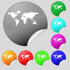 全球标志图标世界地图地理位置象征集多彩色的轮按钮贴纸