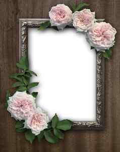 古董玫瑰空白照片框架木背景
