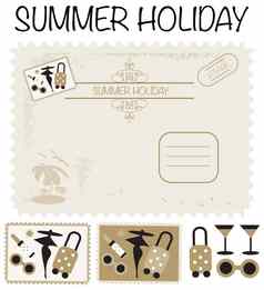 旅行卡帖子邮票旅行夏天假期集图标