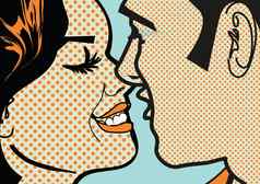 复古的热流行艺术接吻夫妇男人。女人爱漫画吻