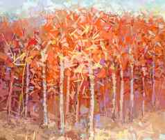 摘要石油绘画景观色彩斑斓的秋天森林