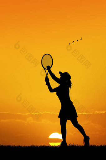 女孩玩<strong>网球</strong>日落