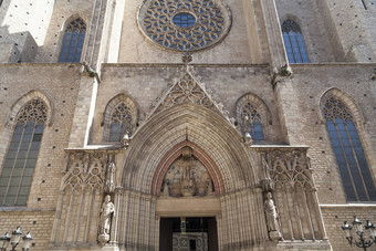 外观加泰罗尼亚语的哥特教堂圣诞老人玛丽的三月巴塞罗那西班牙