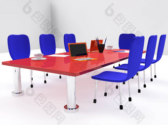 会议房间红色的桌子上椅子
