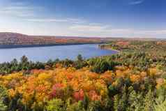 升高视图湖秋天树叶安大略加拿大