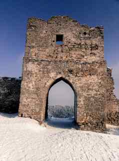 废墟城堡美丽的冬天景观记忆历史