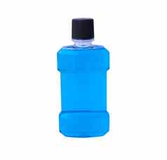蓝色的水漱口水瓶隔离白色背景