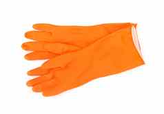 橙色颜色橡胶手套清洁白色背景