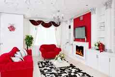 经典生活房间室内白色红色的壁炉