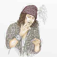 年轻的男人。吸烟烟草艺术丝绸屏幕约翰尼德普