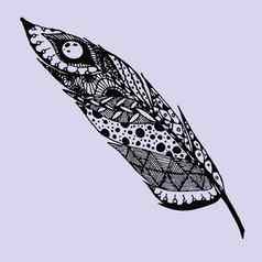 手画涂鸦zentangle羽毛孤立的背景黑色的插图饰品