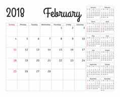 简单的日历规划师一年设计2月模板集个月周开始周日日历规划周