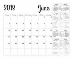 简单的日历规划师一年设计6月模板集个月周开始周日日历规划周