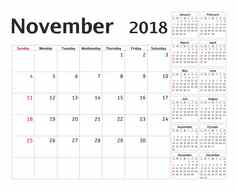 简单的日历规划师一年设计11月模板集个月周开始周日日历规划周